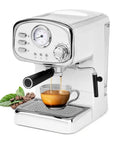 No Drama Stainless Steel Electric Coffee And Milk Frother Machine With Clear Removable Water Tank And Simple Dial Controls for brewing espresso.