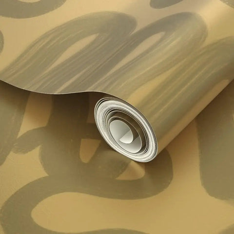 Dope Abstract Graffiti Gold Metallic Wallpaper Fibrous Texture Eco Friendly Type I Class A Fire Rated Made In USA, rolled up.