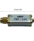 144MHz 2M Band Pass Filter for Radio Communication with SMA Adapter, 50 Ohm Impedance, shown with dimensions 4.7cm x 1.3cm