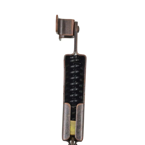 Close-up of self balancing lid support hinge left in dark bronze tone with built-in spring mechanism for smooth lift.