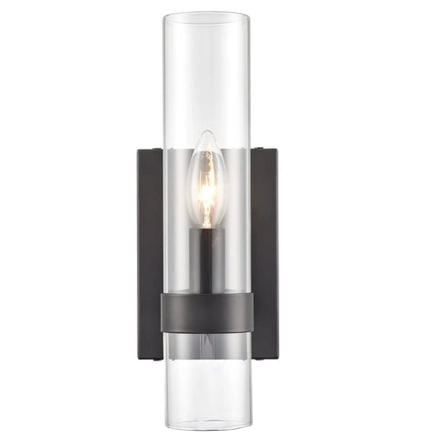 Modern Farmhouse Glass Cylinder Wall Sconce 1 Light Black Vanity Light Fixture with slim cylinder glass and rust resistant steel