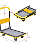 Beefy Folding Platform Cart With 330 Lb Capacity And Foldable Handle, Durable Hand Truck Dolly On Four PU Wheels For Home And Pro Moves, Versatile And Easy To Store Rolling Cart For Heavy Loads. Folded and open gray cart with yellow handle, 29 x 19 in.