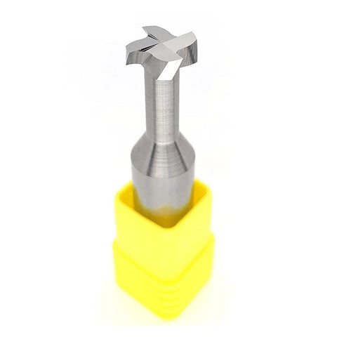 Front view of a T-slot milling cutter, tungsten steel alloy; silver tool with yellow guard, 1 piece