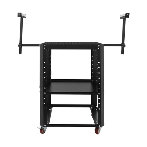 Hella Sturdy Height Adjustable Miter Saw Stand With Heavy Duty Wheels And 550 Pound Load Rating includes twin extension rollers and a solid black steel frame.