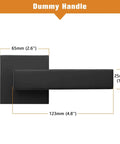 Top view of matte black dummy door lever with dimensions, 123mm handle, 65mm panel, for closets and pantry doors.