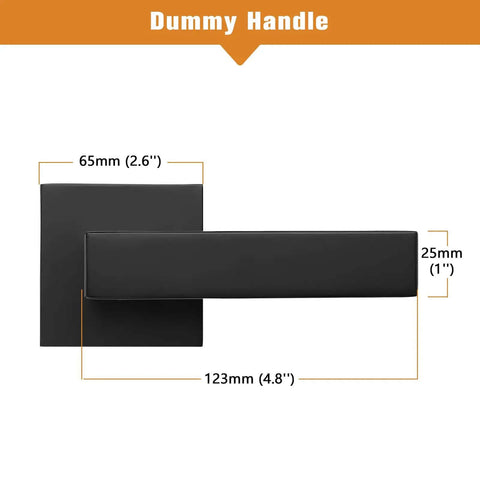 Top view of matte black dummy door lever with dimensions, 123mm handle, 65mm panel, for closets and pantry doors.