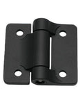 Cabinet hinge, close-up view, black zinc alloy damping, mounting holes, 40x38mm