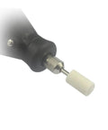 Close-up of tool with 100-Piece Wool Felt Grinding And Polishing Attachment Set For Dremel And Rotary Tools on mandrel.
