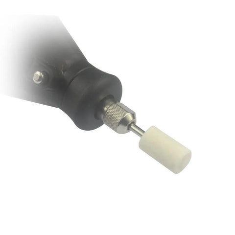 Close-up of tool with 100-Piece Wool Felt Grinding And Polishing Attachment Set For Dremel And Rotary Tools on mandrel.