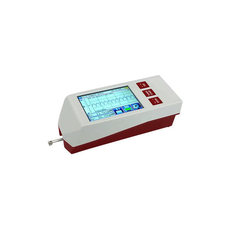 Straight Up Precision Digital Surface Roughness Tester Portable Metal Profilometer Gauge For Shop Floor Inspection On The Fly Quality Control And Reliable Output side view with display and probe.