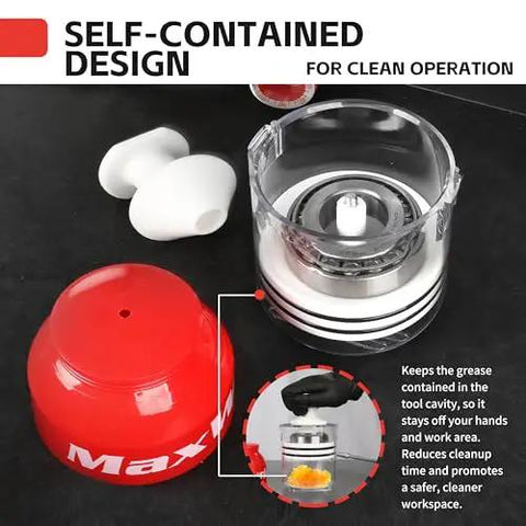 Self-contained hand bearing packer with transparent cover for repacking bearings up to 3.5 inch diameter, tool components shown.