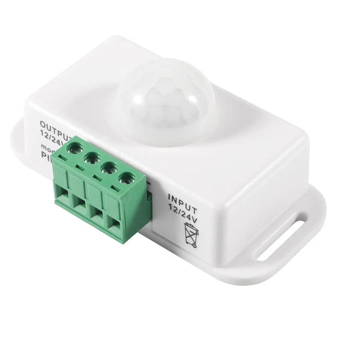 2 Pack No Brainer 12V-24V PIR Motion Sensor Switch for LED Light Strips Infrared Controller, white housing with green terminal