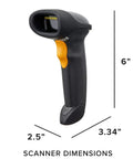 General Purpose Handheld 1D Bi Directional Laser Barcode Scanner Corded USB Interface For Fast Accurate Scanning Of GS1 DataBar And RSS Codes 100 Scans Per Second And On Device Data Editing side view with dimensions