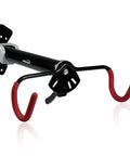 Space Saving Wall Mounted Bike Holder With Adjustable Frame Arm And Soft Rubber Cradles, shown in black and red