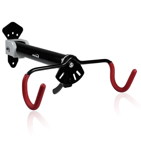 Space Saving Wall Mounted Bike Holder With Adjustable Frame Arm And Soft Rubber Cradles, shown in black and red