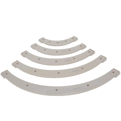 Five sizes of Radius Jig Router Template Set with durable plastic guides for smooth corner rounding.