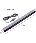 Diagram of a Wired Infrared Sensor Bar with 6.6 ft cable and dimensions for Wii and Wii U. Replacement sensor bar with adhesive mount.