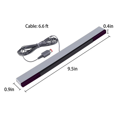 Diagram of a Wired Infrared Sensor Bar with 6.6 ft cable and dimensions for Wii and Wii U. Replacement sensor bar with adhesive mount.