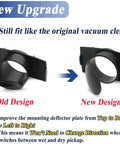 Two black plastic inlet deflector parts for a vacuum cleaner, old design vs new design.