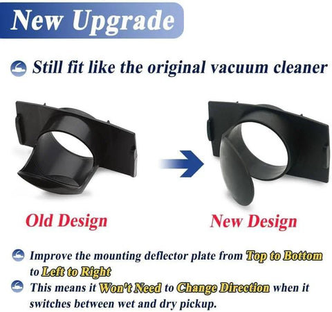 Two black plastic inlet deflector parts for a vacuum cleaner, old design vs new design.