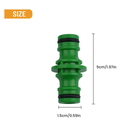 Double Male Hose Connector Quick Connect Set Durable Plastic Garden Hose Adapters With Rubber O Ring Easy Snap On Two Way Fit For Quick Watering No Fuss Leak Free, green adapter shown with size dimensions