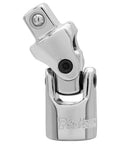 Heavy Duty 3/8 Inch Universal Joint Swivel Adapter Built Like A Tank With Forged Chrome Vanadium Steel, angled view showing spring lock.
