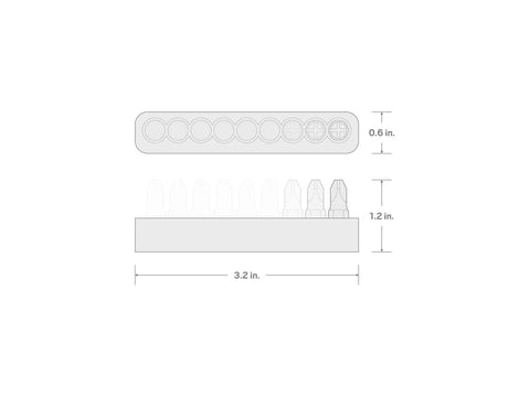 Diagram of One Quarter Inch Hex Bit Set With Rail, Nine Piece Extra Long 30 mm Bits, dimensions labeled.