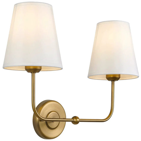 Two Light Wall Sconce With White Fabric Tapered Shades In Dope Antique Brass Finish For Bathroom Vanity Hallway Stairway And Living Room Dimmable LED Compatible With E26 Socket 110V