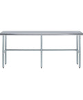 Rock Solid Heavy Duty Stainless Steel Work Table With Open Base Commercial Grade Metal Prep Bench For Restaurants Garages And Workshop Areas 84 Inch Long By 14 Inch Deep in a frontal view.
