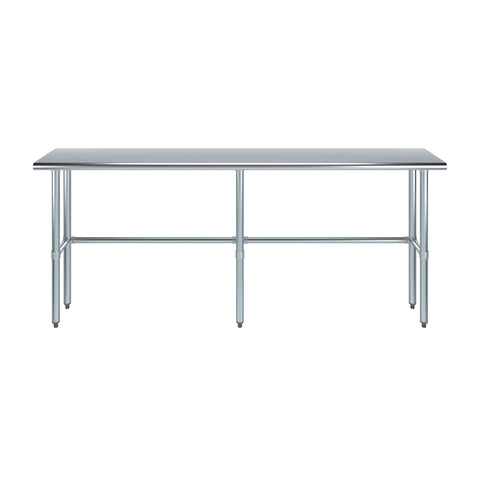 Rock Solid Heavy Duty Stainless Steel Work Table With Open Base Commercial Grade Metal Prep Bench For Restaurants Garages And Workshop Areas 84 Inch Long By 14 Inch Deep in a frontal view.