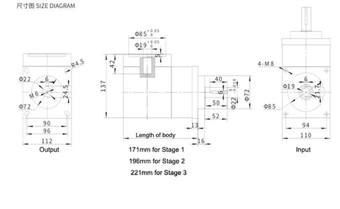 Heavy Duty Right Angle Planetary Gearbox For Nema 42 Stepper Motor 110mm Flange size diagram with dimensions and specifications.