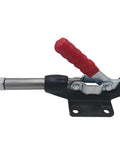 Industrial Grade Toggle Clamp Quick Release Tooling Fixture With Push Pull Lever For Heavy Duty Workholding And No Sweat Setup On Every Solid American Workbench Station, showing red lever and metal clamp.
