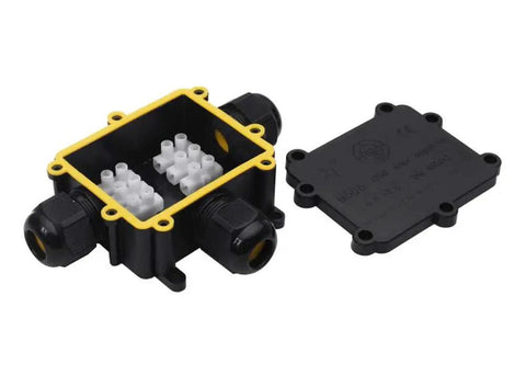 Outdoor Waterproof IP68 Junction Box With 3 Way M25 Connector, Cable Range 4 to 14mm, open showing interior terminals and lid.