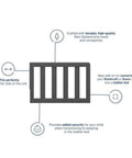 Diagram of Universal Wood Toddler Guardrail For Crib To Toddler Bed Transition, gray finish, showing features and dimensions.