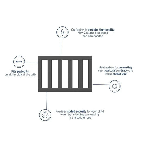Diagram of Universal Wood Toddler Guardrail For Crib To Toddler Bed Transition, gray finish, showing features and dimensions.