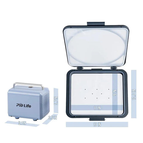 Pro Grade 3D Vacuum Sublimation Tray and Pump Set for 25 L Sublimation Oven, 80 W Kit with dimensions and components view