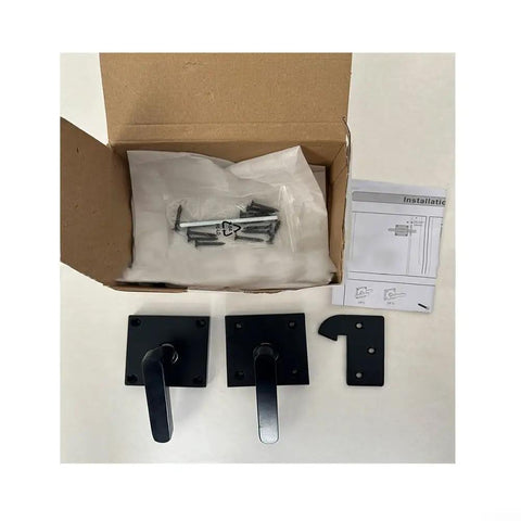 Heavy Duty Dual Handle Gate Latch, Post Mount Automatic Lever Fence Lock components in box with screws and instruction manual.