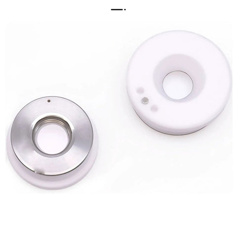 Top Notch Ceramic Ring Nozzle 32mm Diameter For Fiber Laser Cutter Head With M14 Thread 500 To 20000W Power Fits Raytools BT240 And BMH Series Fiber Laser Heads, showing front and top view of nozzle components