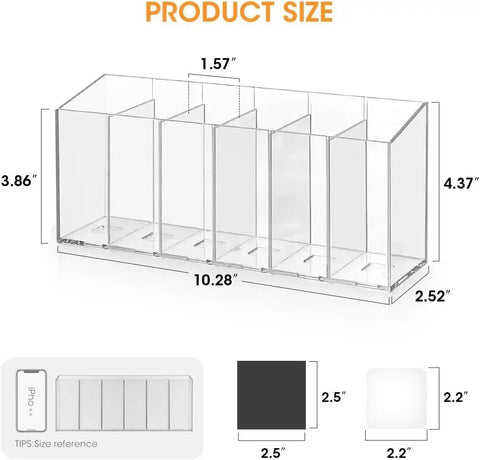 Product size diagram of Game Changing Drink Packet Organizer With Adhesive And Magnet Mount For Fridge Cabinet featuring clear acrylic and compartments.