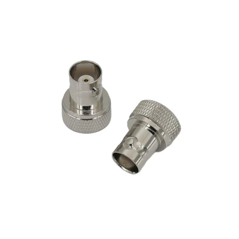 SMA Male To BNC Female RF Adapter 2 Pack Low Loss Brass Nickel Plated Body With Gold Plated Contacts, connectors on white background