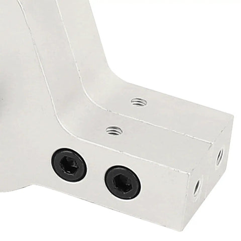 Close-up of CNC Aluminum D90 Transfer Case Gearbox for One Tenth Scale RC Crawler Defender 90, showing silver finish and screw holes.