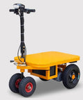 Heavy Duty Electric Platform Truck Cart That Is Portable And Foldable With Smooth Wheels For Moving Groceries, Tools In Garage Or Warehouse Without Breaking Your Back, yellow steel design.