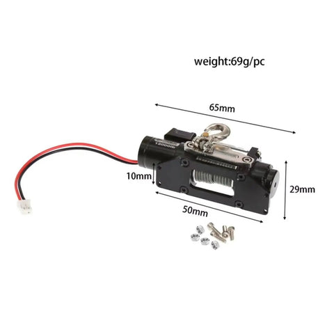 Heavy Duty Metal Electric Winch Upgrade Kit For Traxxas TRX4 And SCX10 RC Crawler Cars shown with dimensions and included parts.