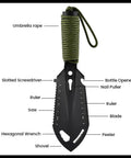Beast 9 In 1 Portable Camping Shovel Multi Tool with saw, screwdriver, bottle opener, and paracord handle in black