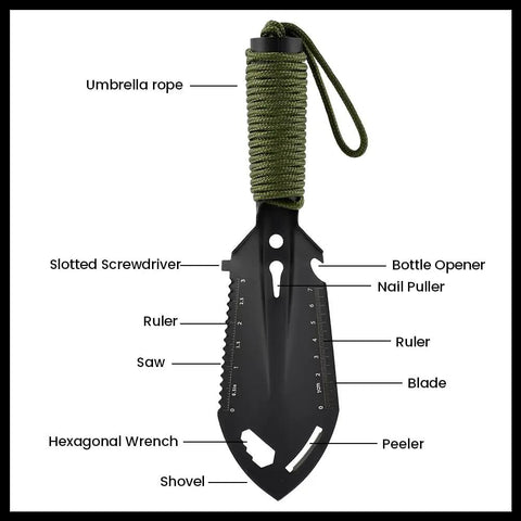 Beast 9 In 1 Portable Camping Shovel Multi Tool with saw, screwdriver, bottle opener, and paracord handle in black