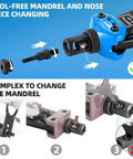 Rivet Nut Tool Kit 16 Inch Set With 15 Metric And SAE Mandrels, tool-free mandrel and nose piece changing system, detail view.
