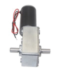 High-torque DC gear motor with double output shafts; aluminum gearbox, black motor, side view.