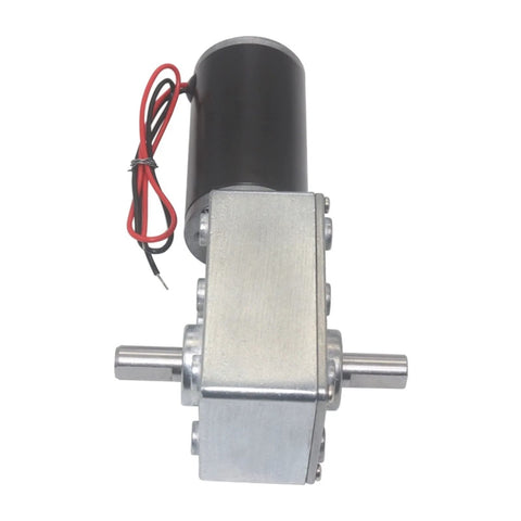 High-torque DC gear motor with double output shafts; aluminum gearbox, black motor, side view.