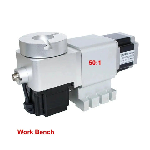 Heavy Duty CNC Rotary Axis Fourth And Fifth Index Head With Harmonic 50 To 1 Drive Nema 34 Stepper Motor mounted on work bench.