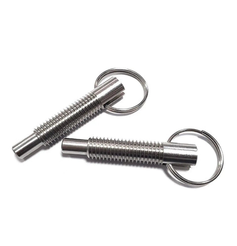 Real Slick Stainless Steel Locating Pin With Hand Retractable Spring Indexing Plunger M6 Lock Ring for Workshop, showing two pins.